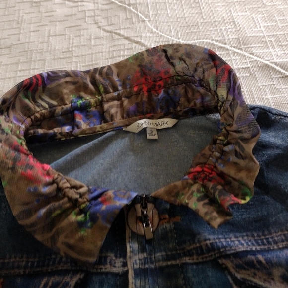 John Mark Top Womens Sz S Sheer Mesh Faux Denim Jacket Full Zip Trompe L’oeil - Picture 6 of 10